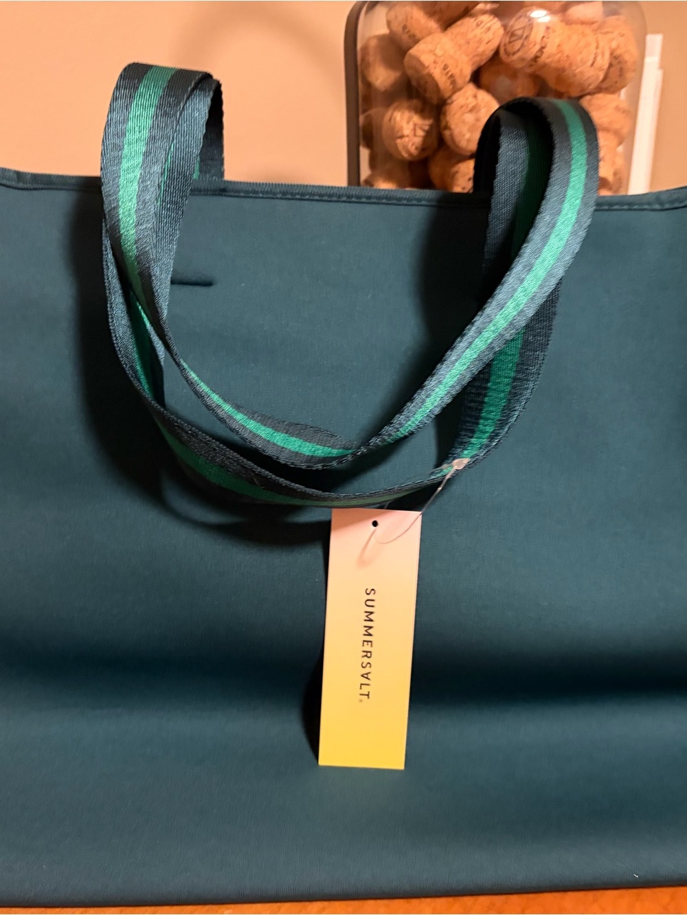 Summersvil Teal Neoprene Beach Bag with Striped Handles and Interior Mesh Pocket